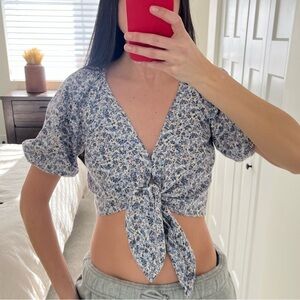 Abercrombie & Fitch Crop Puff-Sleeve Top - Blue Floral, S